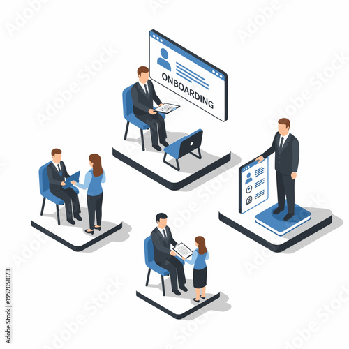 Isometric illustration depicting the onboarding process for new employees in a business setting, showcasing interviews and training.