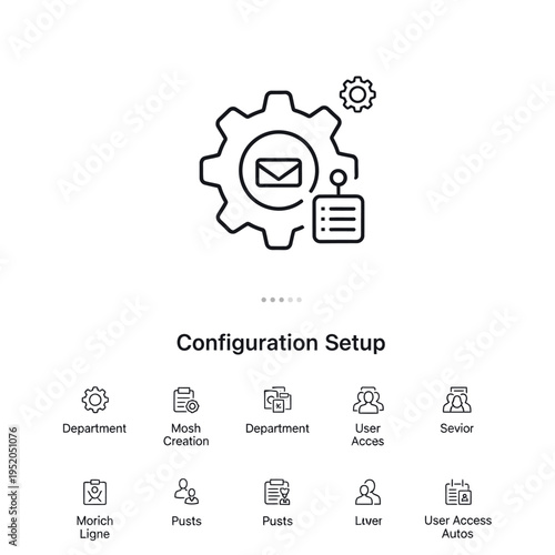 Configuration Setup: A visual representation of system settings and administrative options, featuring icons for departments, user access, and task management.