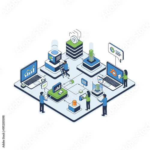 Isometric illustration of a team collaborating on a complex data analytics and financial technology system, showcasing interconnected devices and digital processes.
