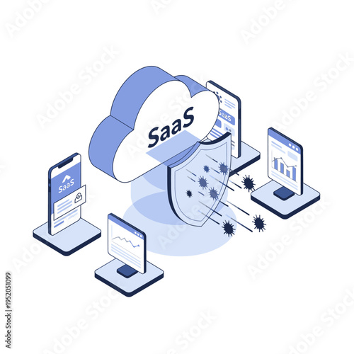 Cloud-based SaaS security protecting devices from cyber threats with a shield.