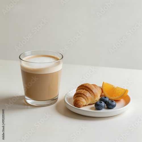 Creamy Latte with Fresh Croissant and Berries Breakfast Set