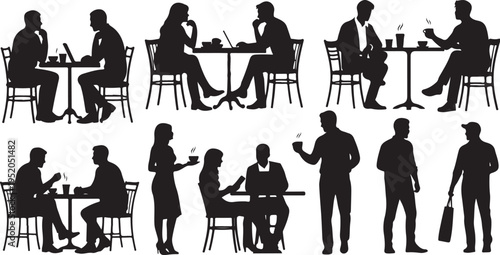 Silhouettes of people sitting and standing in a cafe setting