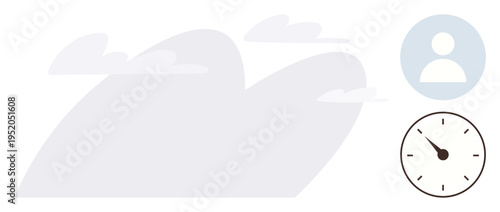 Time management, user interface, scheduling, efficiency, cloud computing, organizational tools. Minimalistic design with a clock, profile icon and abstract clouds. Time management and user interface