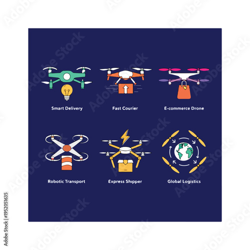 Modern drone delivery icons set logistics technology fast shipping futuristic service
