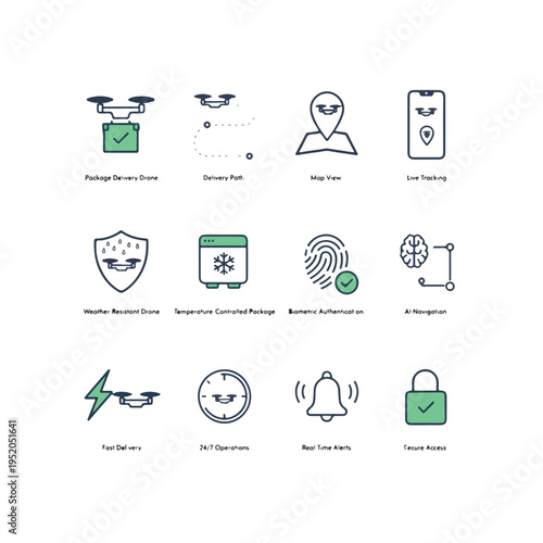 Modern drone delivery icons set logistics technology fast shipping futuristic service
