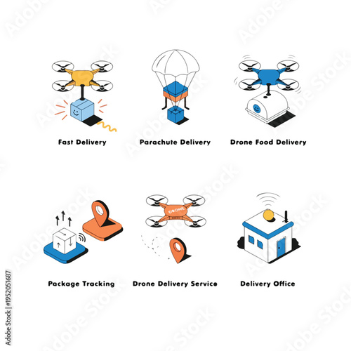 Modern drone delivery icons set logistics technology fast shipping futuristic service
