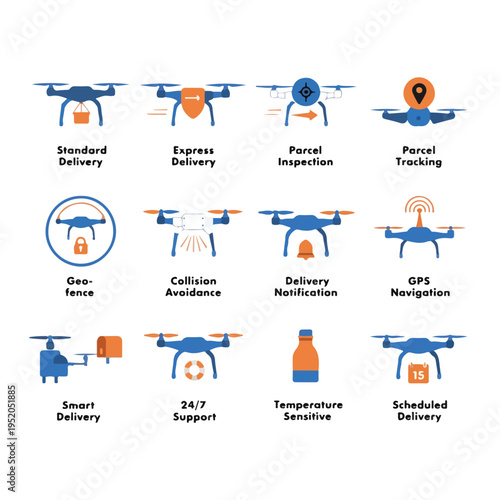 Modern drone delivery icons set logistics technology fast shipping futuristic service
