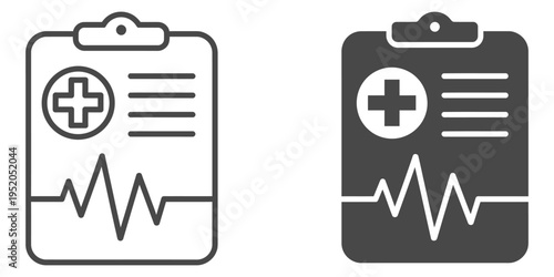 medical report clipboard icon set, outline and silhouette style illustrations representing healthcare documentation, patient records,  editable vector graphics for medical and hospital design projects