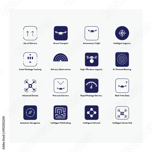 Modern drone delivery icons set logistics technology fast shipping futuristic service
