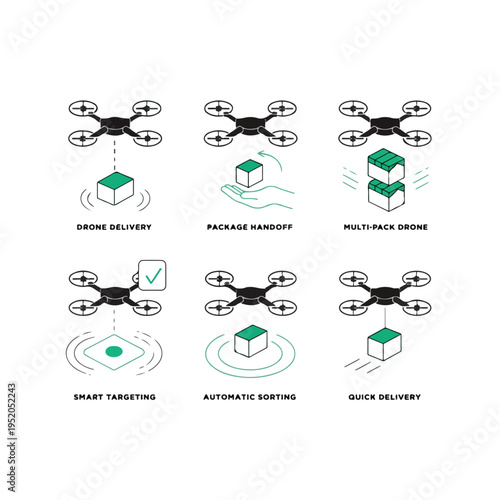 Modern drone delivery icons set logistics technology fast shipping futuristic service
