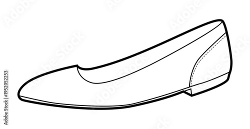 Dorsay flat shoe women single line. Cut side pointed toe footwear for evening date refined look. Technical fashion illustration CAD mockup clean vector man unisex isolated modern style.