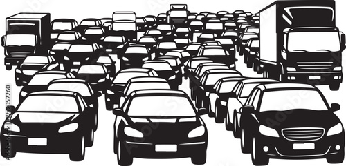 Traffic congestion with many cars and trucks on the road