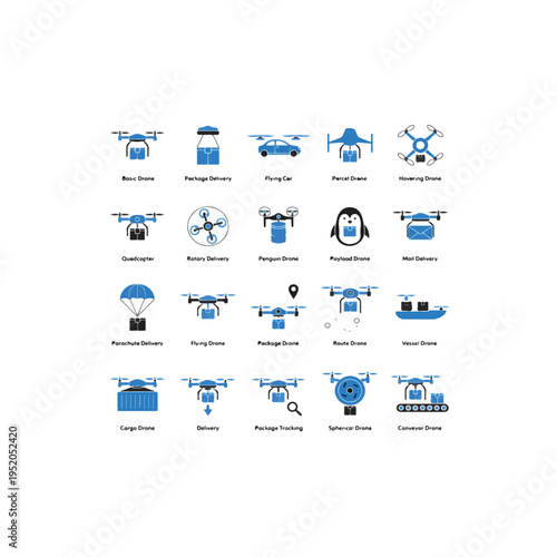 Modern drone delivery icons set logistics technology fast shipping futuristic service
