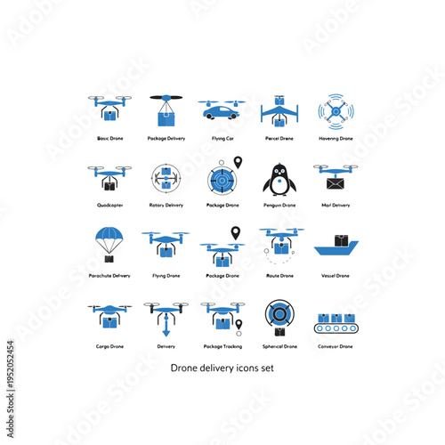Modern drone delivery icons set logistics technology fast shipping futuristic service
