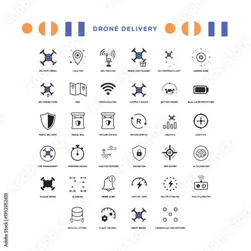 Modern drone delivery icons set logistics technology fast shipping futuristic service
