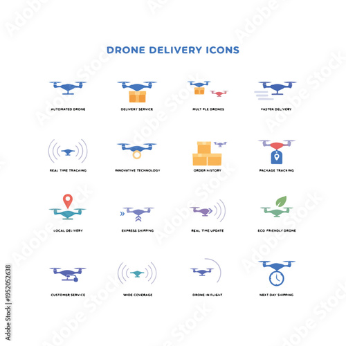 Modern drone delivery icons set logistics technology fast shipping futuristic service
