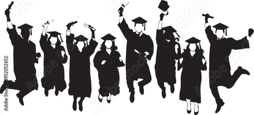 Graduates Celebrating with Joyful Silhouettes in Black and White Colors