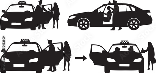 Silhouette of people getting in and out of taxi