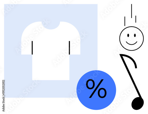 Abstract design combining a t-shirt silhouette, percentage symbol, happy face, and musical note. s of retail, music, emotions, and creativity. Perfect for marketing design concepts e-commerce