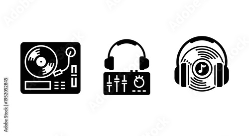 Music Equipment Icons Vinyl Headphones.