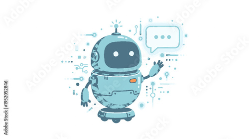Friendly assistant robot with speech bubble communicating in a playful style with light blue tones