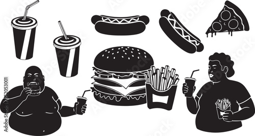 Obese people eating fast food and drinking soda together