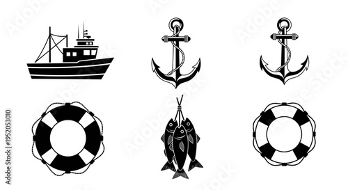 Nautical objects and fishing gear.