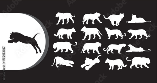 A collection of various cat silhouettes in different poses and shapes on a black background