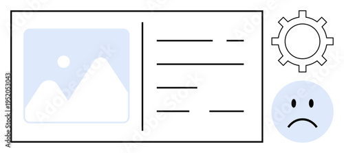 System error concept. Gear icon, sad face, and user interface elements highlighting system error states. System error visuals for app design, troubleshooting, UI templates, software education