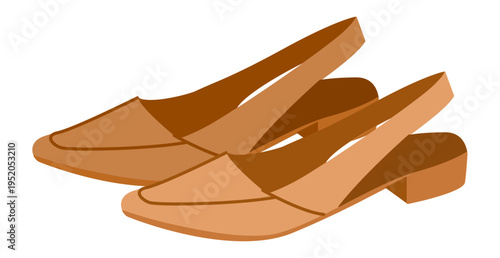 Beige slingback flat shoe women flat pair. Block heel pointed toe footwear, office meeting weekend dinner. Technical fashion illustration CAD mockup soft vector man unisex isolated contemporary style.