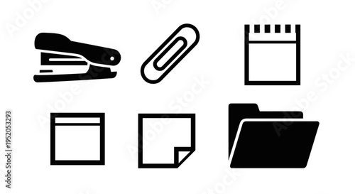 Office supplies icons on white background.
