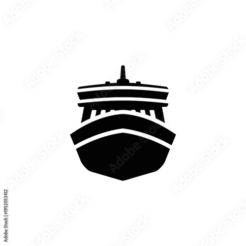 A minimalist graphic design representing a ferry or ship, viewed from the front, with clean lines and a bold black silhouette against a white background