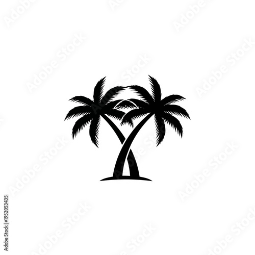 Minimalist vector icon of two elegant black palm trees, their trunks gracefully intertwined, symbolizing tropical island escapes, serene beaches, and summer vacation paradise