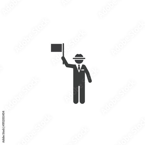 Tour guide in a suit and hat holding a flag, isolated on white background