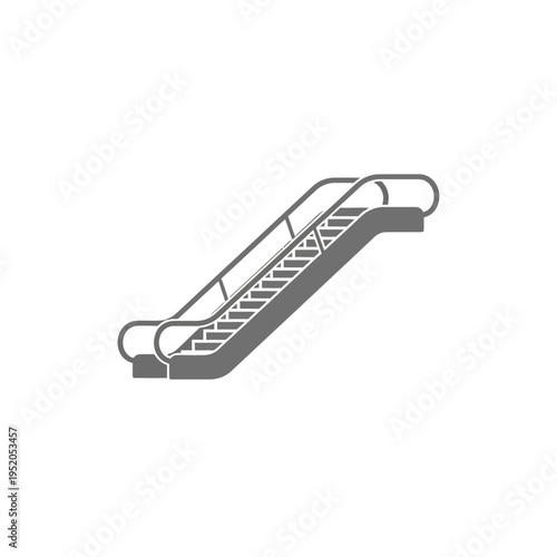 A modern grey escalator icon on a white background, representing vertical transportation and accessibility in buildings