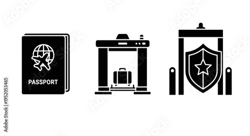 Passport and airport security icons.