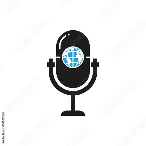 Global podcasting microphone icon representing worldwide communication, broadcasting, and audio media for international news and content creation