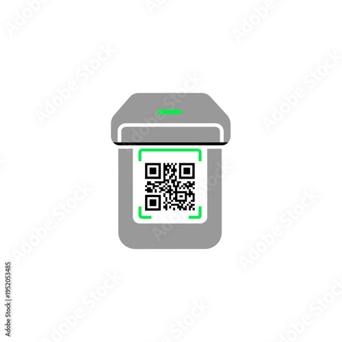 Modern graphic icon depicting a Quick Response (QR) code displayed within a scanning device, symbolizing efficient digital data exchange and contactless authentication systems