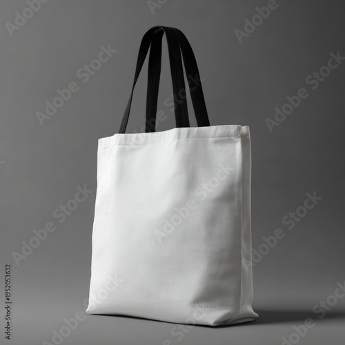 Wallpaper Mural A plain white canvas tote bag with black handles is showcased against a neutral grey background, perfect for customization or everyday use Torontodigital.ca