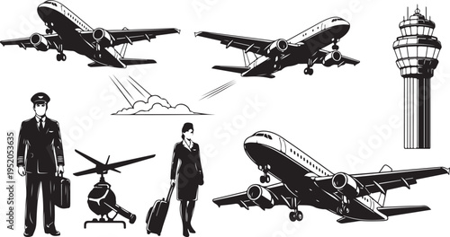 Air travel and transportation illustration set in black and white