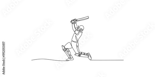 Cricketer in action swinging a bat in a one line drawing style
