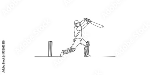 Cricket player in action swinging bat in one continuous line drawing style