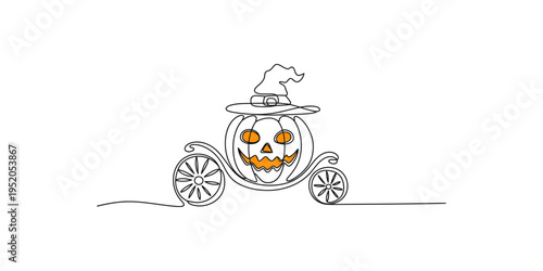 Continuous line drawing of a jack o lantern in a witch hat on a cart