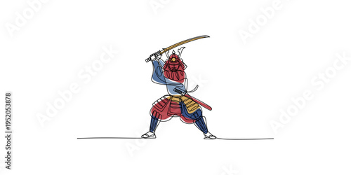 Samurai in a fighting stance with sword raised high in the air ready to strike