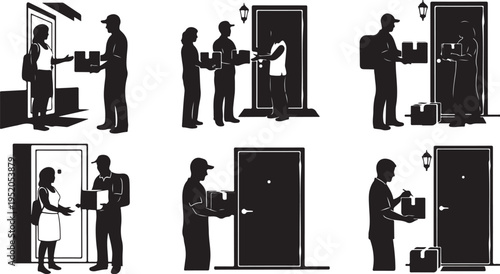 Delivery and moving services with people silhouettes at doors