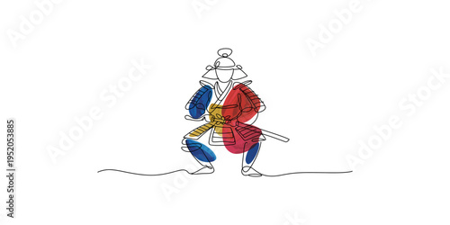 Samurai warrior in traditional armor with sword in a fighting stance japan