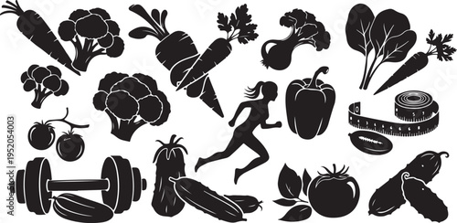 Healthy lifestyle icons with fitness and vegetable silhouettes combined
