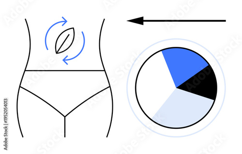 Healthy digestion concept. Healthy digestion with abstract body graphic, rotation arrows, and pie chart. Healthy digestion importance for nutrition, fitness, and medical education. Ideal