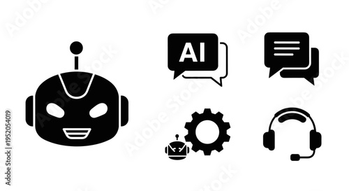 Robot with headset and chat icons.