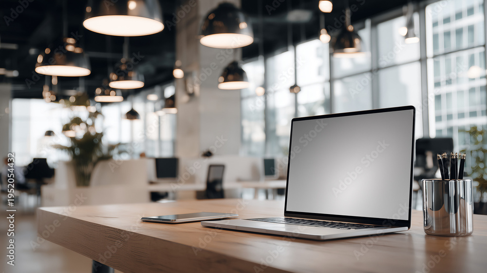 Naklejka premium Laptop mockup with blank screen on wooden desk in industrial office. Modern workspace for creative design, web presentation, and digital marketing in a stylish open-plan interior.